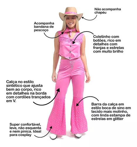 Fantasia Barbie Cowgirl Country Rosa Adulto Com Bandana