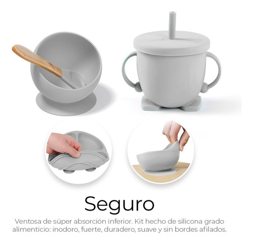 Set De Cubiertos Para Bebés Silicona Plato Antideslizante Color Gris Liso Personaje Ninguno