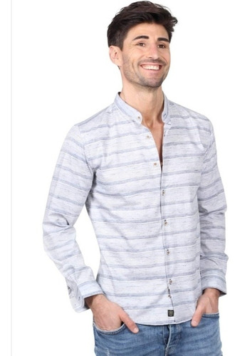 Bobois - Camisa Hombre Cuello Mao Rayas Casual Moda Slim