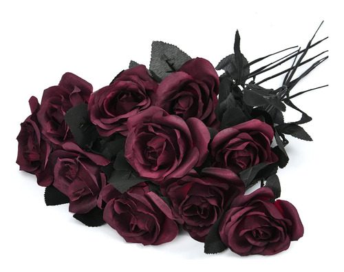 Hamore Paquete De 10 Rosas Burdeos, Flores De Halloween, Ros