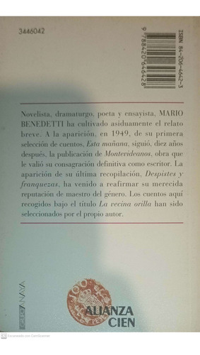 La Vecina Orilla. Mario Benedetti. Alianza Cien (Usado)