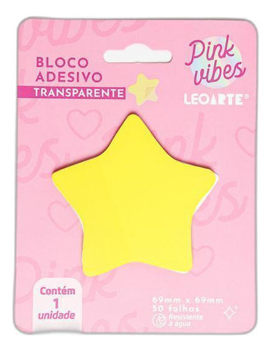 Bloco Adesivo Transparente Pink Vibes Estrela 50fls Leoarte Cor Amarelo