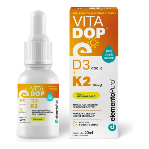 Vitadop D3 + K2 Vitamina D3 Gotas Frasco 20ml Elemento Puro