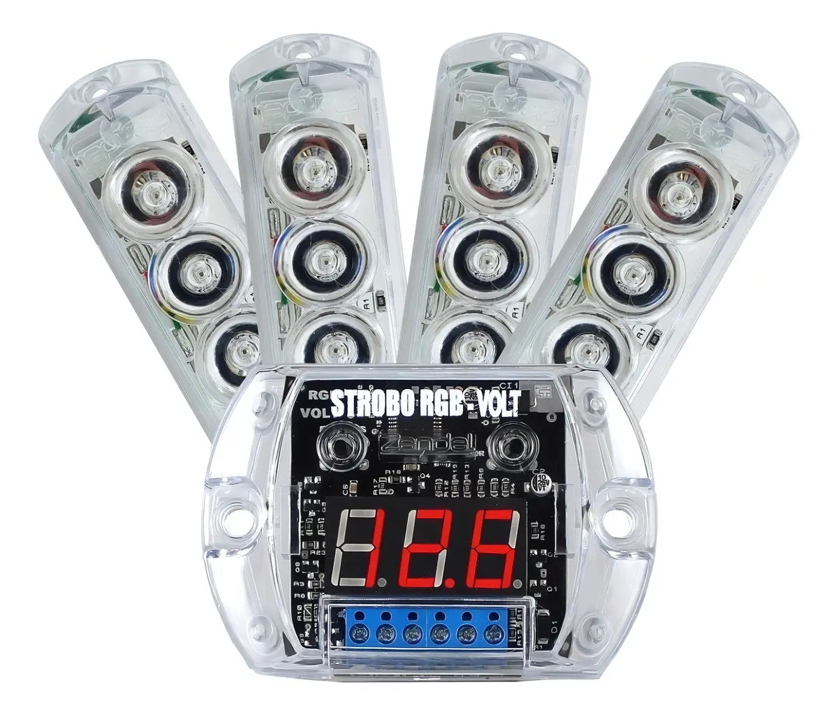 Kit Strobo Zendel Rgb Ultra Forte 4 Faróis + Voltímetro