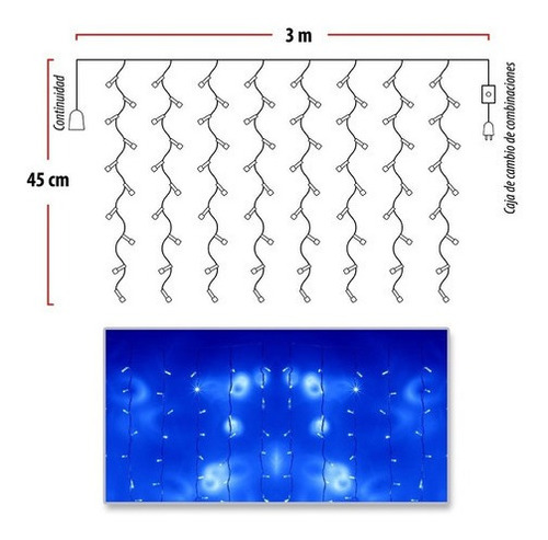 Cortina Led 3m X 45 Cm 100 Led Azul Luces Navidad Rf 1322