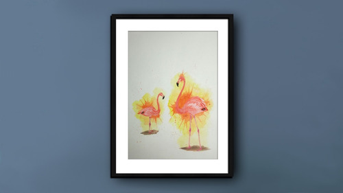 Pintura Flamingos En Acuarela A Mano