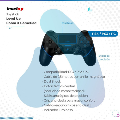 Imagen 2 de 9 de Joystick Level Up Cobra X Gamepad Azul Ps4 Ps3 Pc
