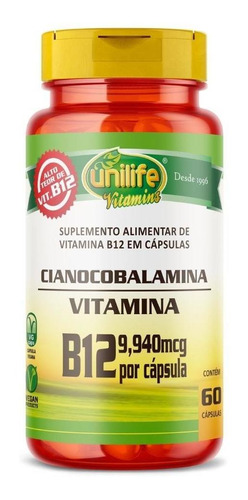 Vitamina B12 (cianocobalamina) 60 Cápsulas 450mg Unilife