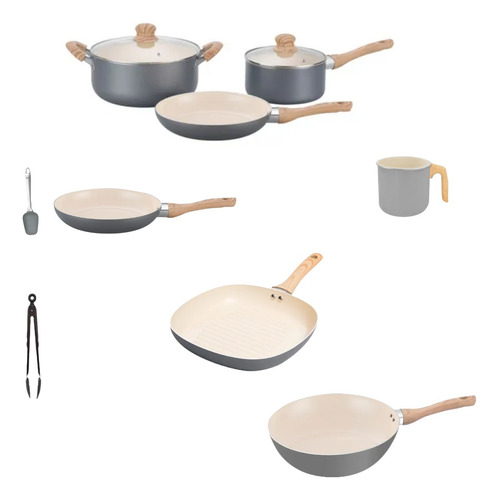 Set Grey Crema Hudson Antiadherente Sarten 22cm Bifera-wok. 