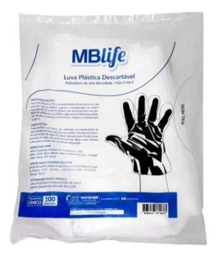 Luva Plastica Descartavel Mblife Pct. 100 Und.