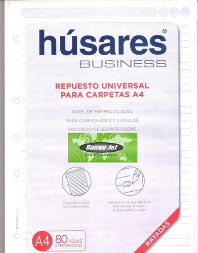 10 Repuesto De Hojas Husares Business 6068 Rayadas A4 80 Hjs