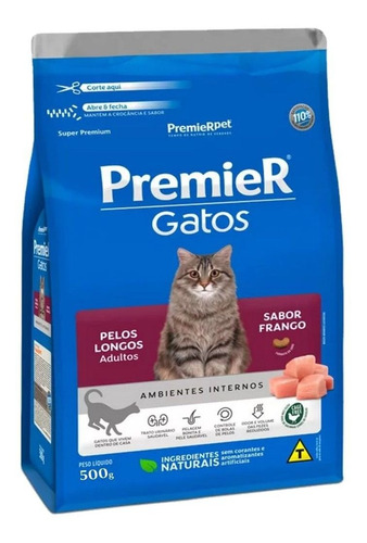 Ração Para Gatos Premier Gato Adulto Pelo Longo Frango 500g