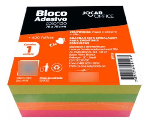 Bloco Adesivo Colorido 76x76mm Jocar 400 Fls Post It