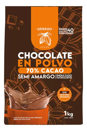 Abkkao Chocolate En Polvo 70% Cacao Semiamargo Sin Azúcar1kg