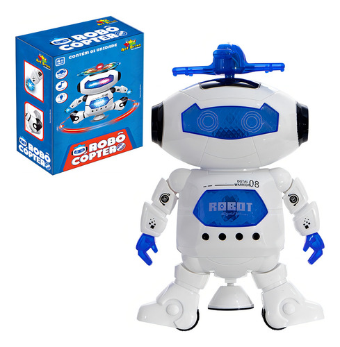 Robocóptero a batería con luz y sonido, personaje robot Art Brink Color blanco y azul
