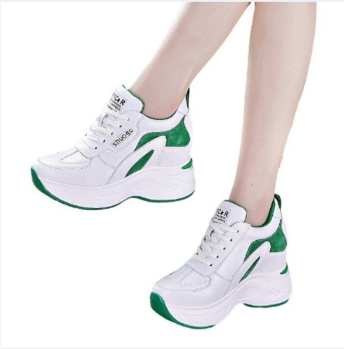 Zapatos Mujer Plataforma Aumento Interno Colorblock Blanco