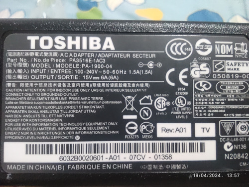 Cargador Laptop Toshiba 15v 6a