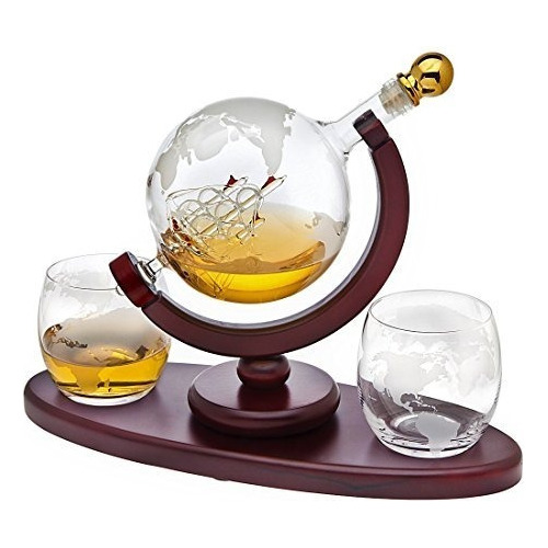 Whisky Decanter Globe Con 2 Vasos De Whisky Grabados Al Agua