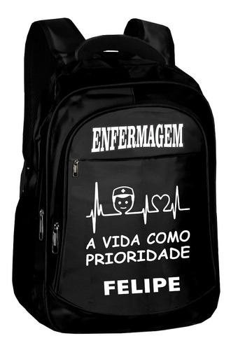 Mochila Enfermagem Bolsa Enfermeiro Personalizada Nome Preta