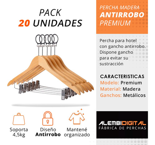 Pack 20 Perchas Antirrobo Lujo Madera Hotel Pantalon Pollera