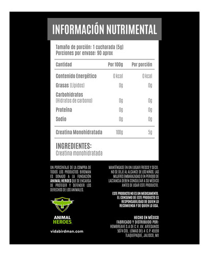 Imagen 3 de 3 de Suplemento en polvo Birdman Performance Creatina Monohidratada en lata de 450g