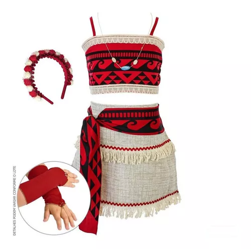 Vestido Fantasia Infantil Moana Princesa Colar Coroa Luva