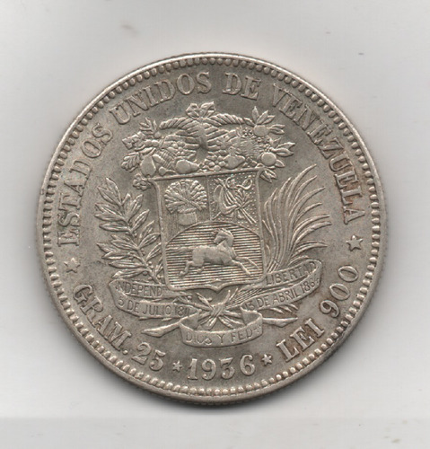 Moneda De 5 Bs  Fuerte  Plata 1936