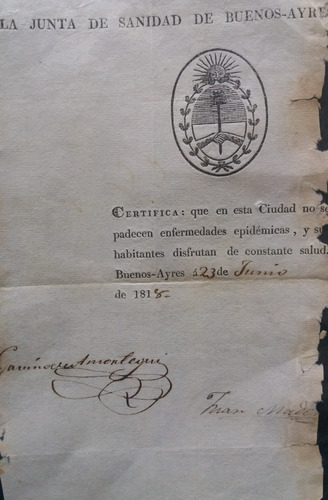 Documento Certificado Salud Junta Sanidad Buenos Aires 1818