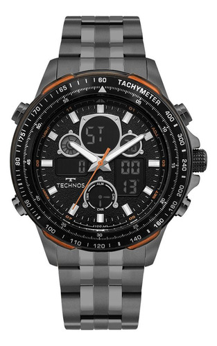Relógio Technos Masculino Digitech BJ4130AC/1P Grafite Anadigi Cronógrafo Aço Inoxidável 10 ATM Original Pulseira de Aço Caixa Grande 49mm Resistente à Água Digital e Analógico