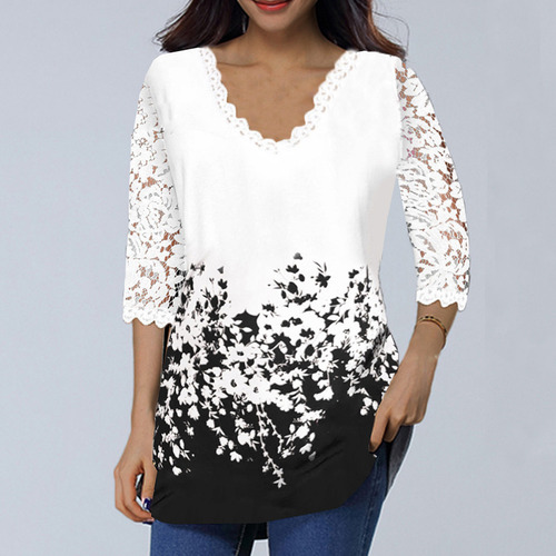Camiseta De Encaje Con Cuello En V Para Mujer, Blusa Floral,