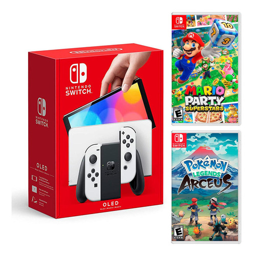 Nintendo Switch Oled Blanco+mario Superstar+pokémon Arceus