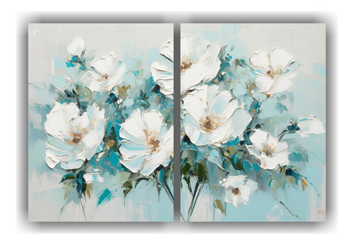 60x40cm Cuadro Floral Blanco Y Turquesa Para Decorar Ambient