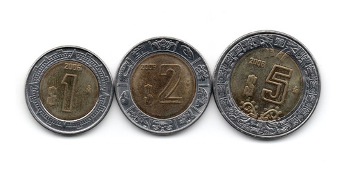 Mexico Lote 3 Monedas 1, 2 Y 5 Pesos Año 2006 Bimetalicas