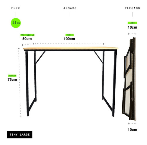 Imagen 2 de 10 de Escritorio Mesa Plegable Madera Hierro Industrial 100 X 50cm
