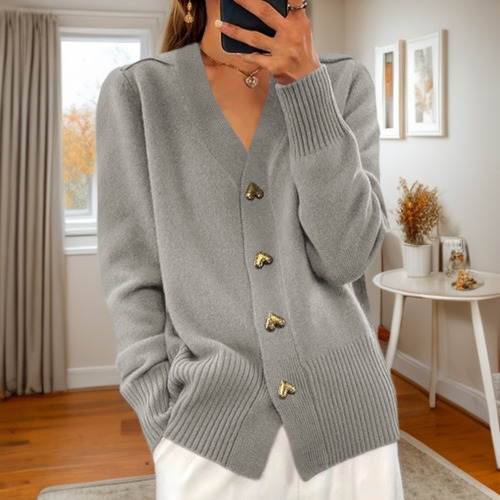 Suéter De Punto Con Cuello En V Con Botón De Amor A La Moda,