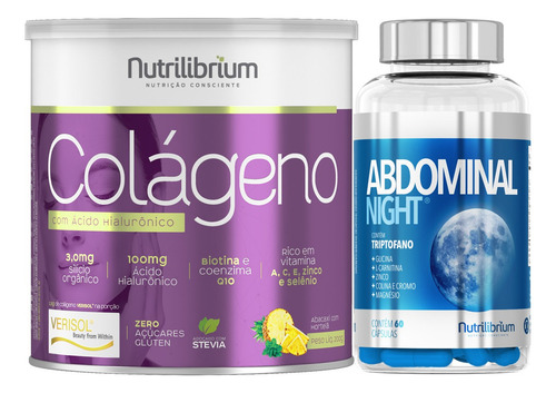 Colágeno Verisol Ácido Hialurônico + Abdominal Night 60 Comp Sabor Abacaxi Com Hortelã
