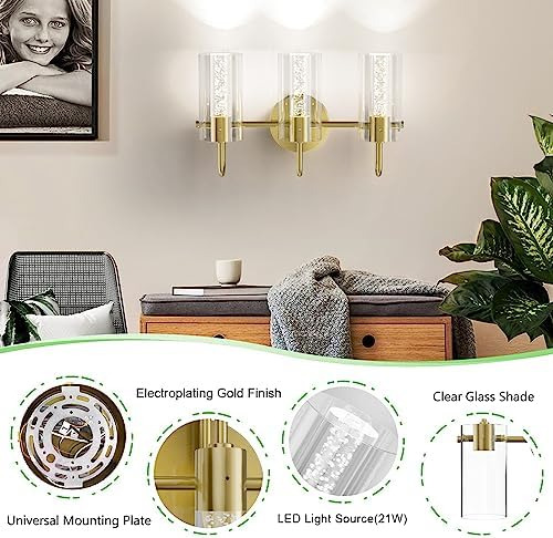 Lámparas De Baño Doradas 3 Luces Modernas Con Cristal De Bur