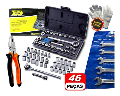 Kit Jogo De Ferramentas 46 Pçs C/ Chave Fixa E Soquetes
