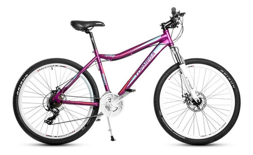 Mountain bike femenina TopMega Flamingo R26 21v frenos de disco mecánico cambios Shimano Tourney TY510 y Shimano Tourney TY300 color violeta con pie de apoyo  