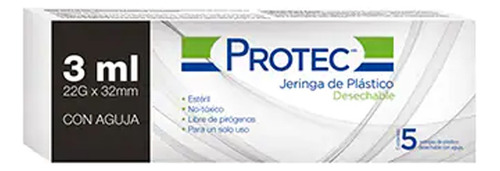 Jeringa HiPodérmica 3ml 22gx32mm Protec 5 Cajas C/5pzas C/u Capacidad En Volumen 3 Ml