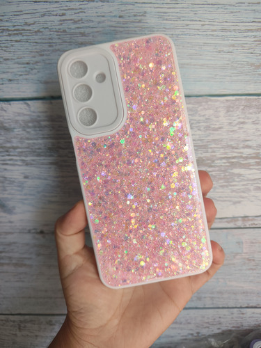 Funda De Brillo Y Pop De Corazón Para Samsung A34 Blanco-rosa