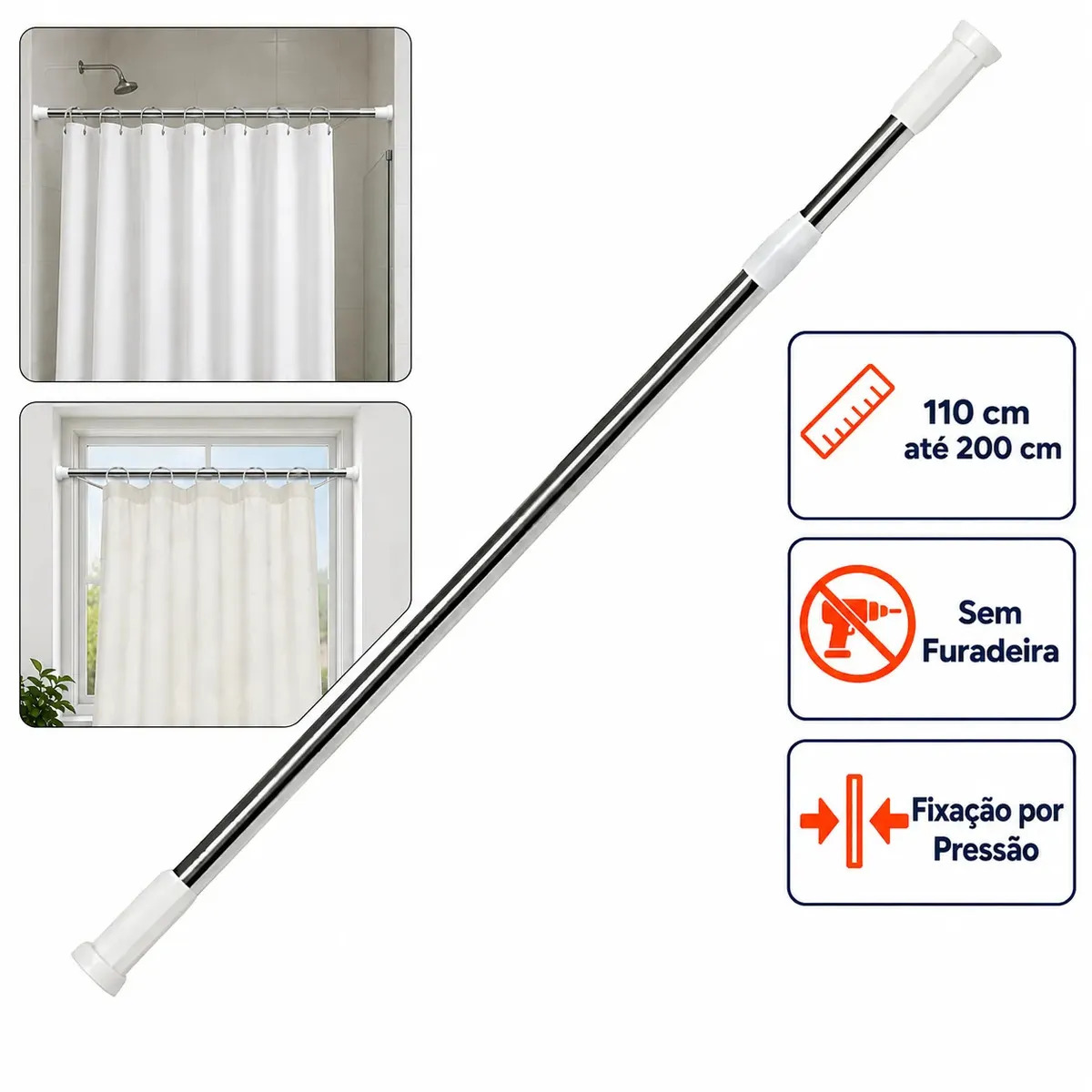 Varão Extensor Ajustável De Cortina Sem Furar 110cm A 200cm Box De Banheiro Janela Pia Cozinha Tubo Regulável Extensivel Alumínio Lar Commex