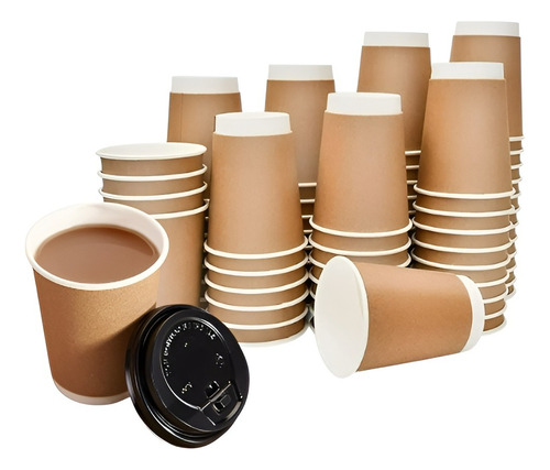 Set 100 Vasos Desechables Kraft Vaso Doble Pared C/tapa 8oz