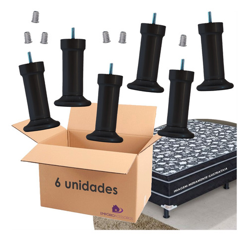 Kit 6 Pés Cama Box Pé 13cm Casal Solteiro Preto Com Buchas