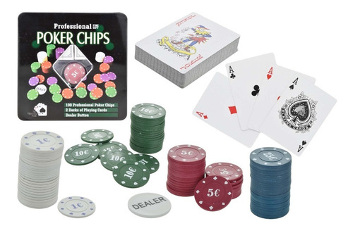 Juego De Poker 100 Fichas + 2 Mazos De Cartas En Lata