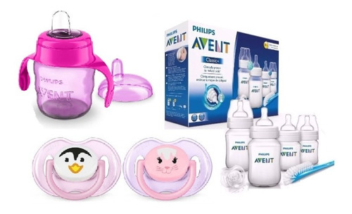 Set Recien Nacido Avent Classic ® 4 Mamaderas 3 Chupetes Cepillo Vaso - Box Pack Nena