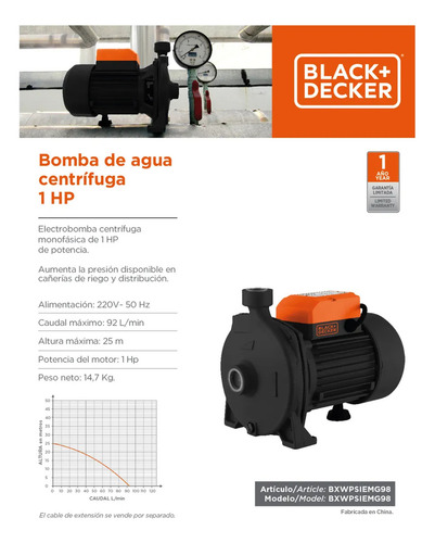 Bomba De Agua Black+decker Centrífuga Elevadora 1 Hp Color Negro Fase Eléctrica Monofásica Frecuencia 50 Hz