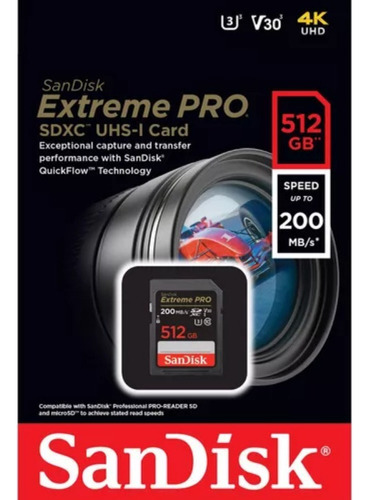 Tarjeta Sandisk Extreme Pro Sdxc Uhs-i U3 512 Gb 200 Mb/s *
