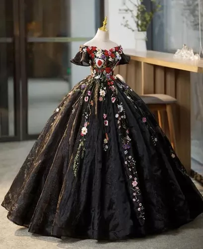 Vestido Xv Años Quinceñera Negro Con Flores Bonito Princesa