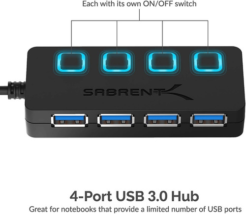 Imagen 4 de 9 de Hub Usb - Sabrent - 4 Port Usb 3.0 - Switch On/off Fuente 2a